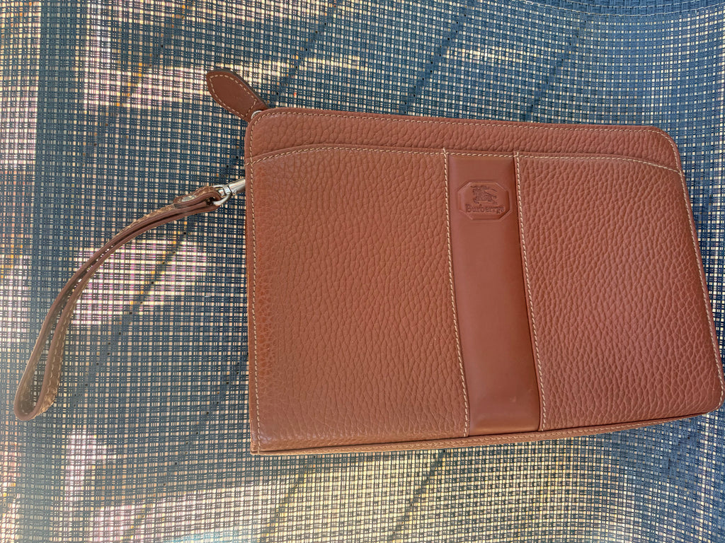 Vintage Burberrys of London Brown Pebbled Leather Wristlet Clutch