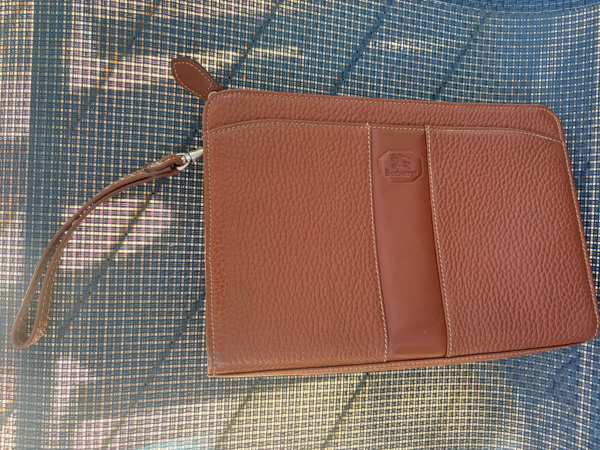 Vintage Burberrys of London Brown Pebbled Leather Wristlet Clutch