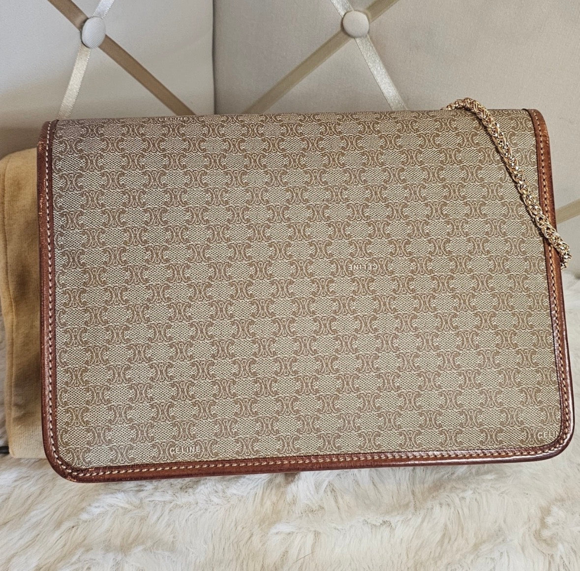 Vintage CELINE Macadam Large Portfolio Clutch Wristlet M07 Italy + Chain