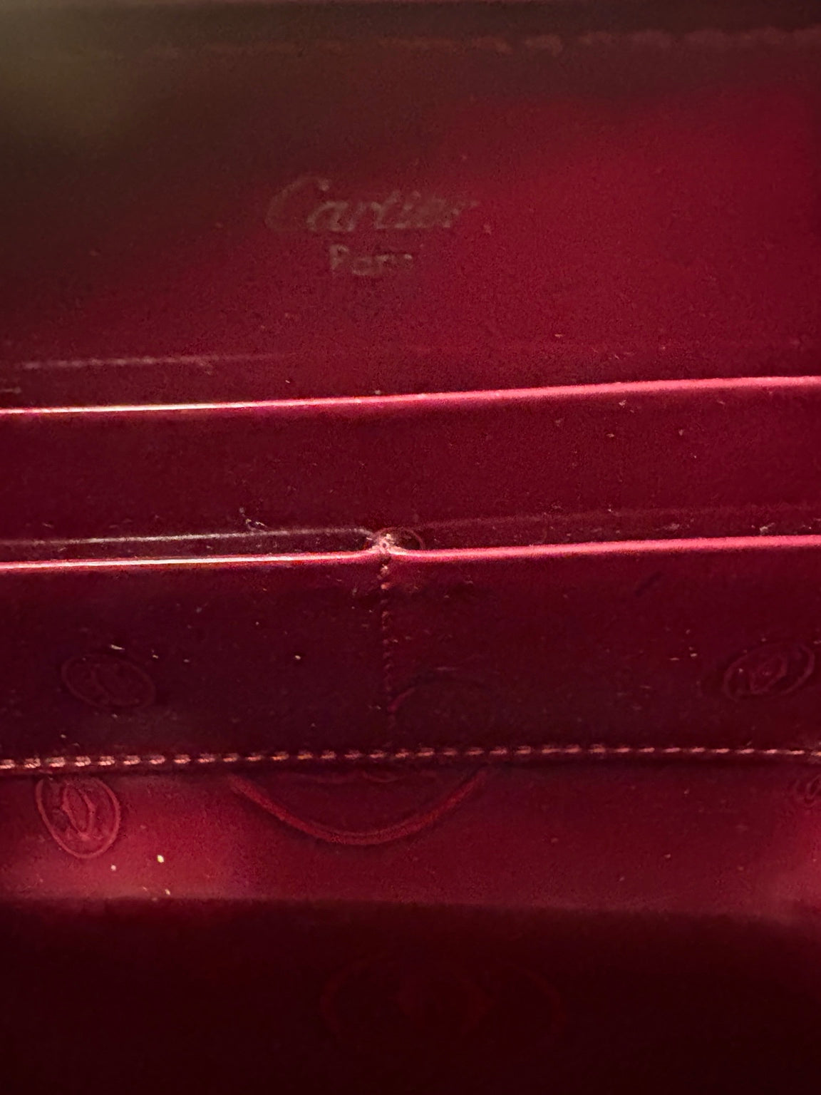 Cartier Happy Birthday Bordeaux Patent Leather Zip Around Wallet | Full Collector Set | Box, Cards, Dust Cloth | Made in France