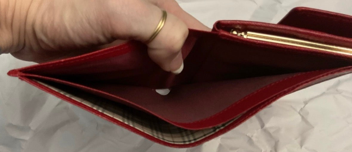 Burberry Red Leather Kiss Lock Wallet Nova Check Lining Rare Colorway Entrupy COA