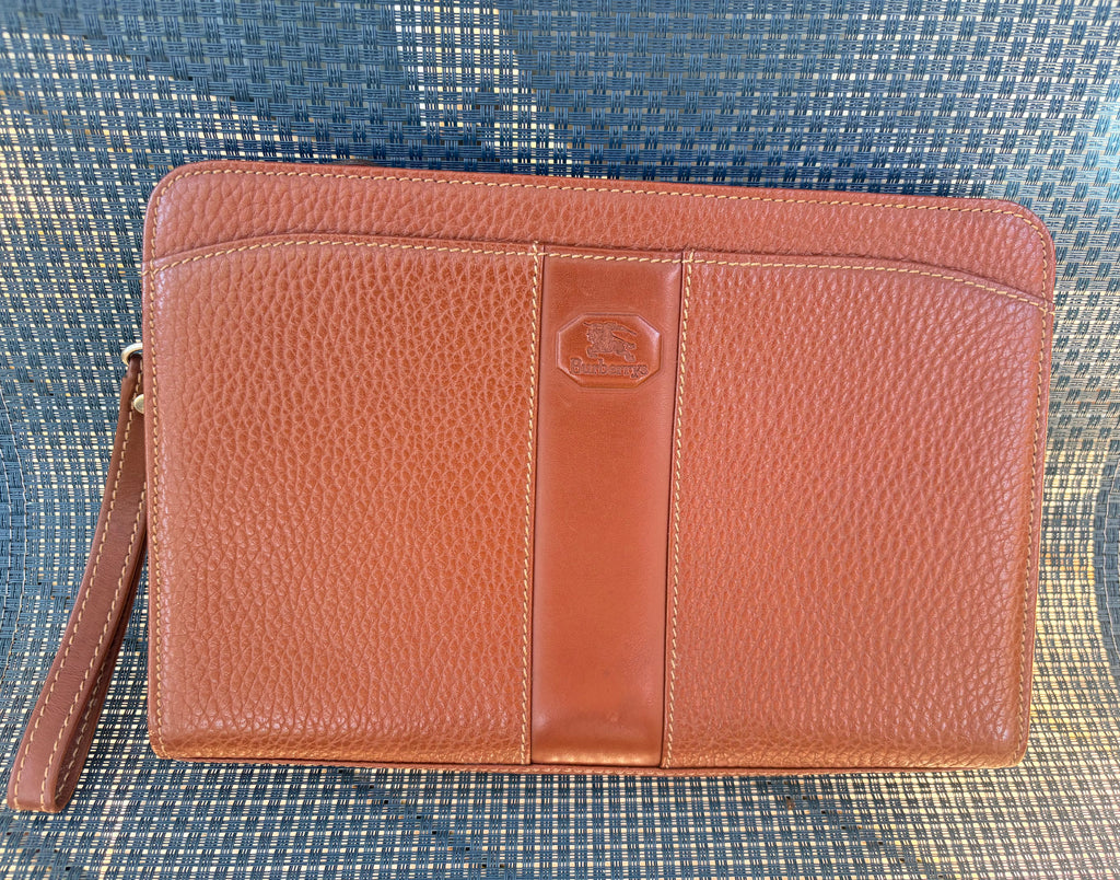 Vintage Burberrys of London Brown Pebbled Leather Wristlet Clutch