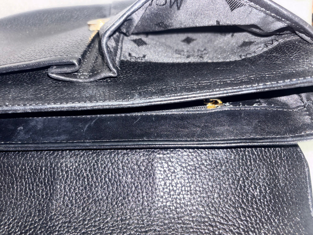 Vintage MCM München Black Pebbled Leather Gold Stud Shoulder Bag G6488