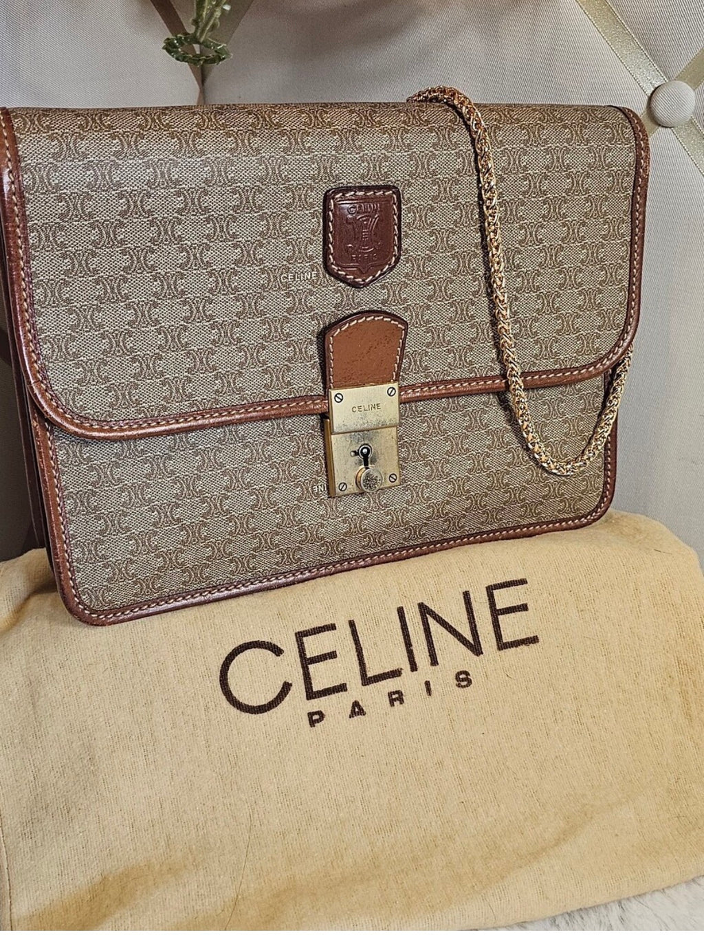Vintage CELINE Macadam Large Portfolio Clutch Wristlet M07 Italy + Chain