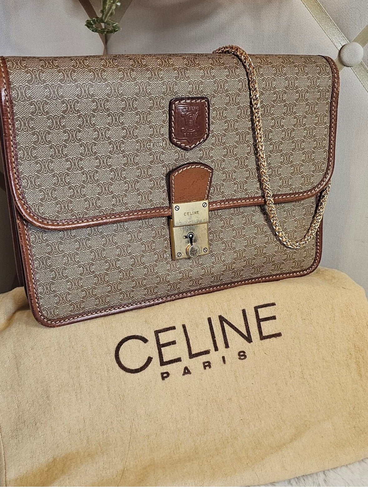Vintage CELINE Macadam Large Portfolio Clutch Wristlet M07 Italy + Chain