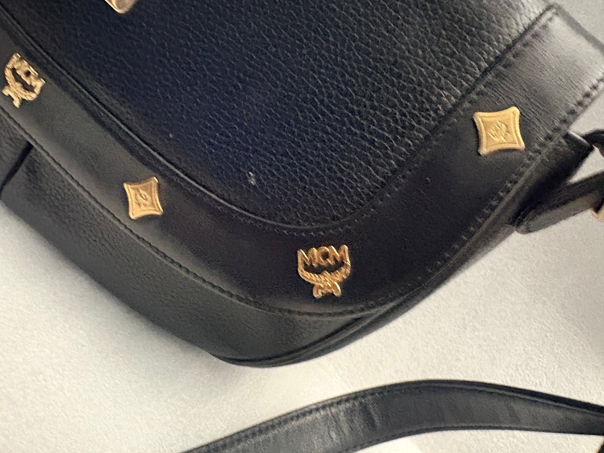 Vintage MCM München Black Pebbled Leather Gold Stud Shoulder Bag G6488