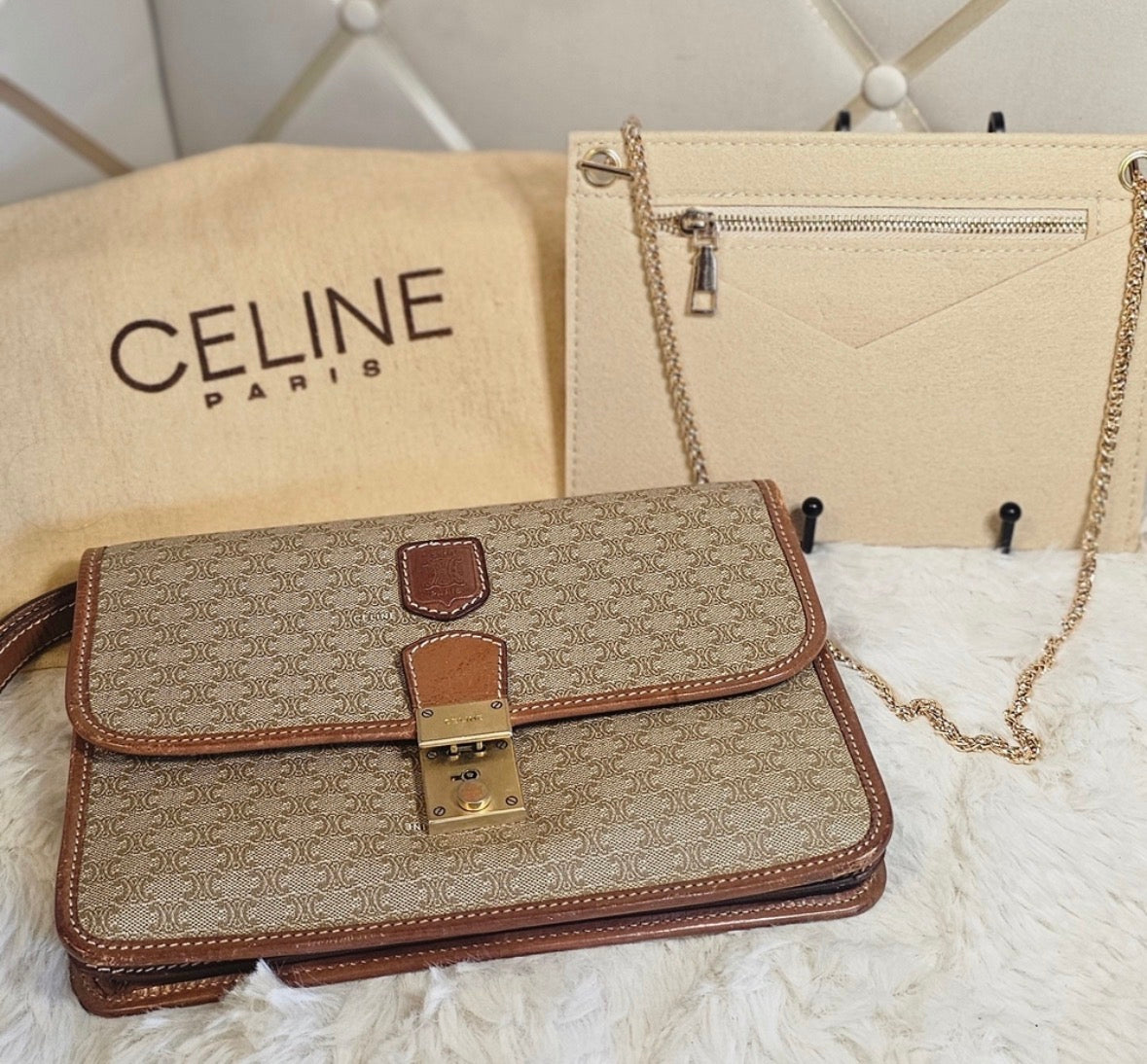 Vintage CELINE Macadam Large Portfolio Clutch Wristlet M07 Italy + Chain