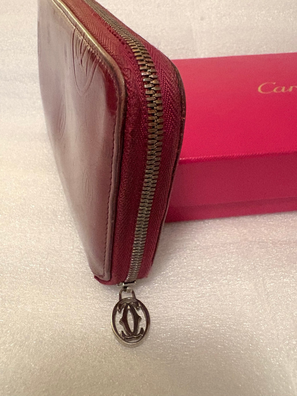Cartier Happy Birthday Bordeaux Patent Leather Zip Around Wallet | Full Collector Set | Box, Cards, Dust Cloth | Made in France
