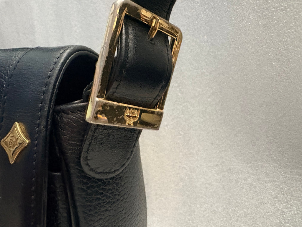 Vintage MCM München Black Pebbled Leather Gold Stud Shoulder Bag G6488