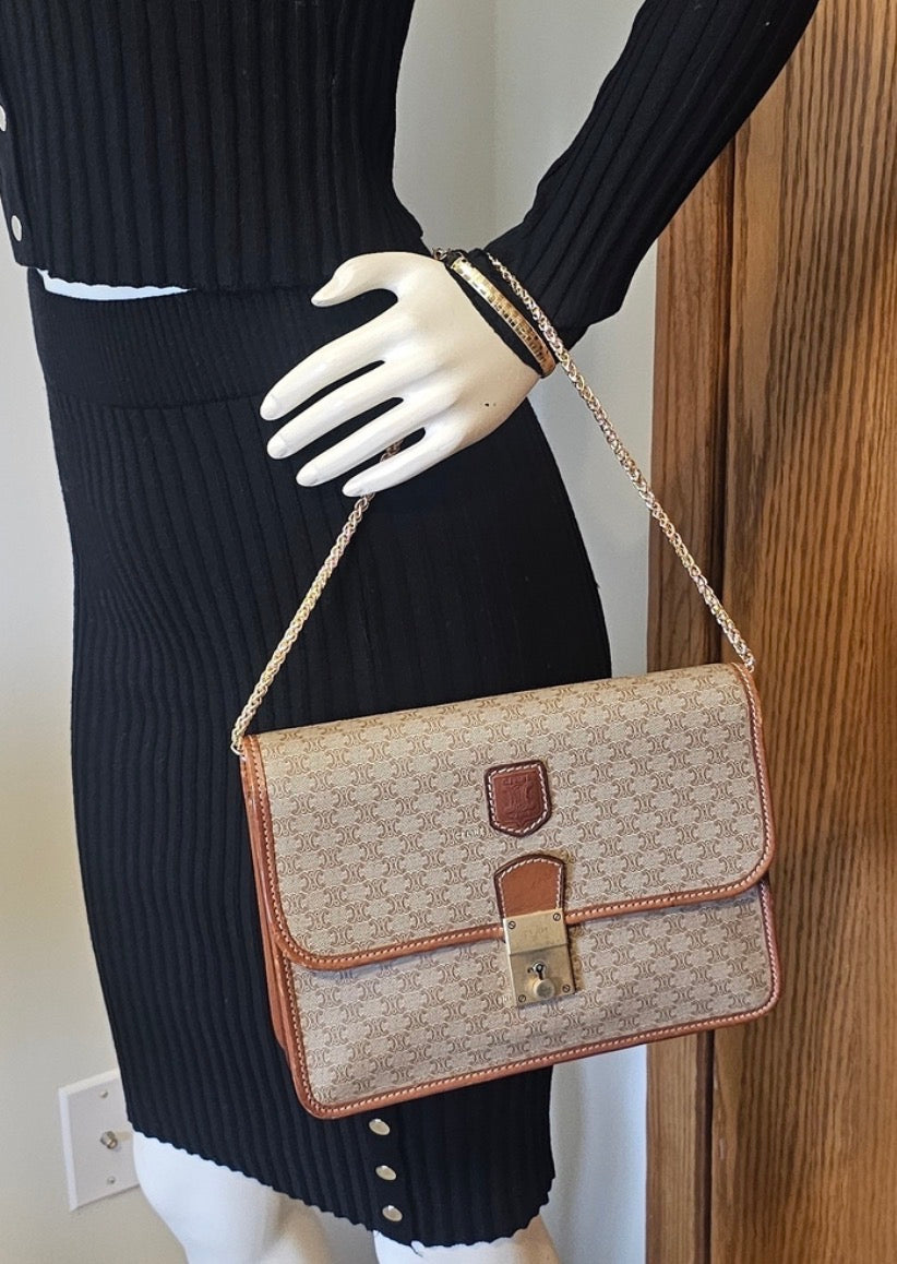 Vintage CELINE Macadam Large Portfolio Clutch Wristlet M07 Italy + Chain