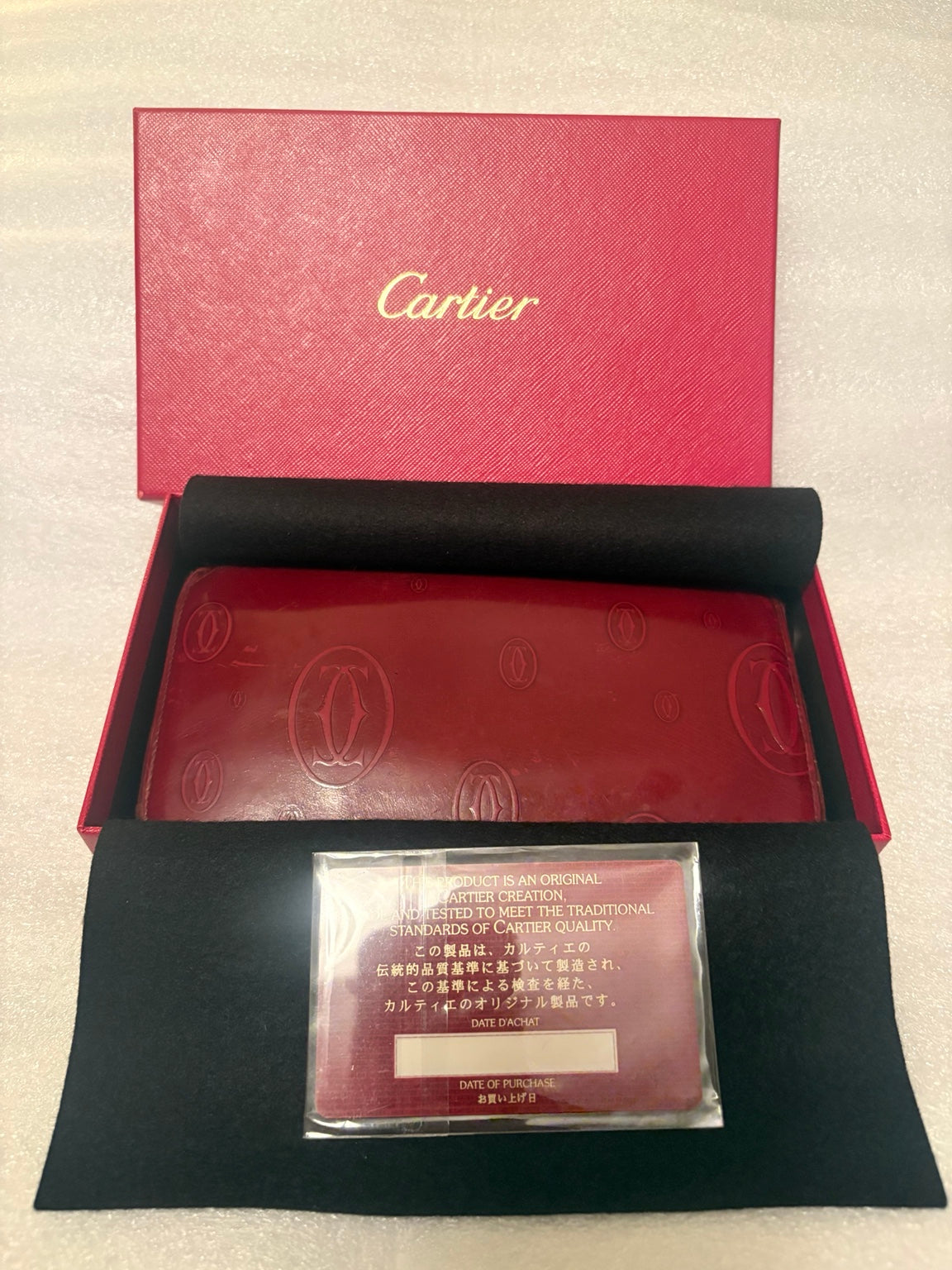 Cartier Happy Birthday Bordeaux Patent Leather Zip Around Wallet | Full Collector Set | Box, Cards, Dust Cloth | Made in France