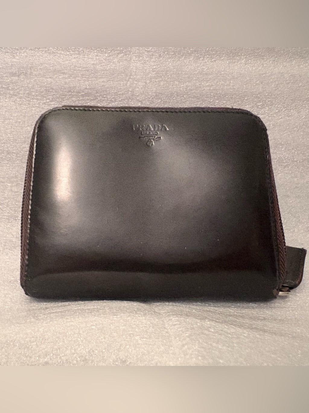 Vintage Prada Milano espresso brown zip-around wallet front view