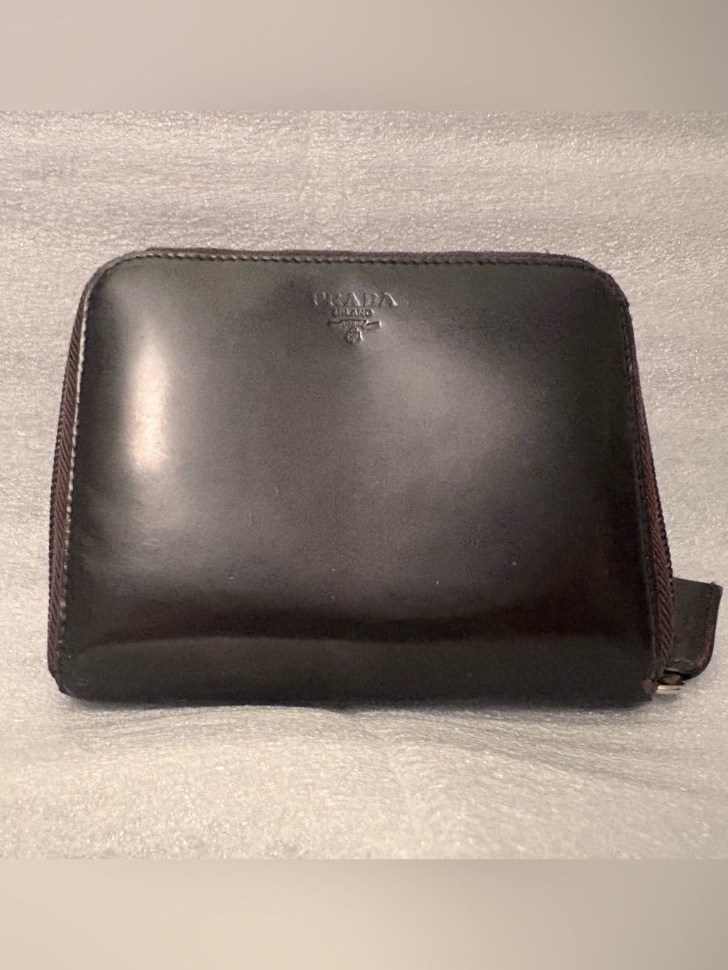 Vintage Prada Milano espresso brown zip-around wallet front view