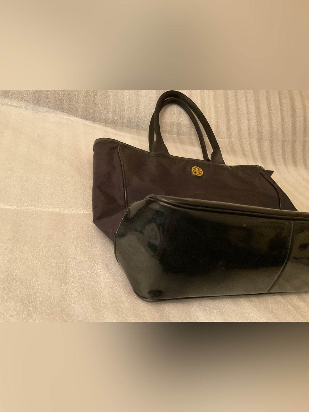 Tory Burch Retired Oversized Black Nylon & Patent Leather Zip Work Tote | listing photo 5