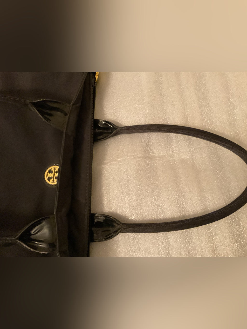 Tory Burch Retired Oversized Black Nylon & Patent Leather Zip Work Tote | listing photo 6