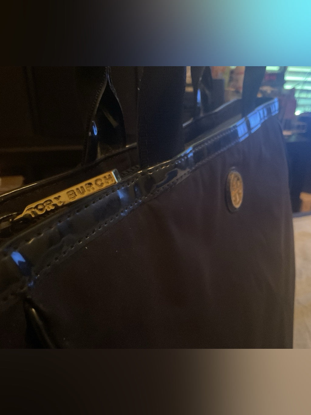 Tory Burch Retired Oversized Black Nylon & Patent Leather Zip Work Tote | listing photo 12
