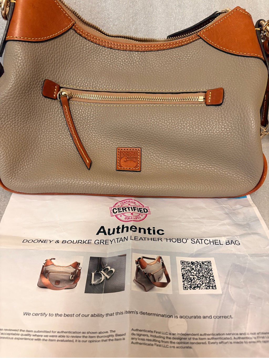 Dooney & Bourke grey pebble leather hobo satchel front view