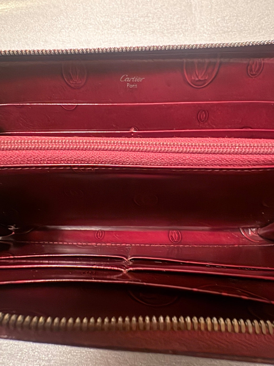 Cartier Happy Birthday Bordeaux Patent Leather Zip Around Wallet | Full Collector Set | Box, Cards, Dust Cloth | Made in France