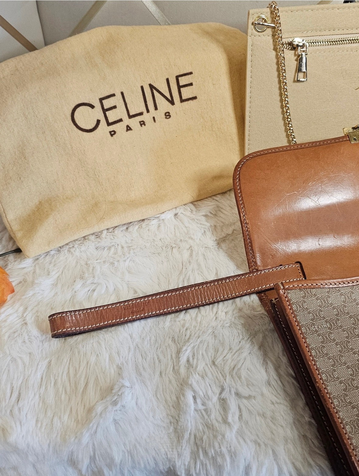 Vintage CELINE Macadam Large Portfolio Clutch Wristlet M07 Italy + Chain