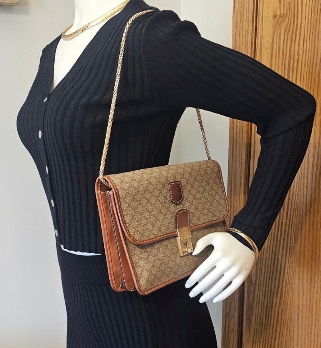 Vintage CELINE Macadam Large Portfolio Clutch Wristlet M07 Italy + Chain