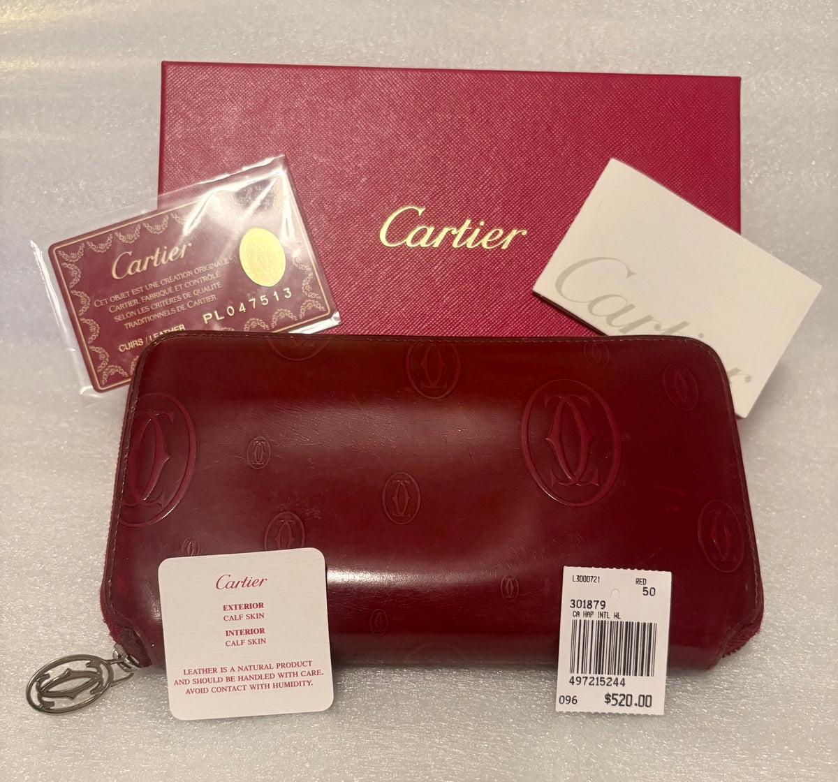 Cartier Happy Birthday Bordeaux Patent Leather Zip Around Wallet | Full Collector Set | Box, Cards, Dust Cloth | Made in France