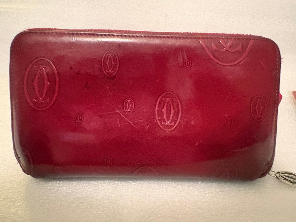 Cartier Happy Birthday Bordeaux Patent Leather Zip Around Wallet | Full Collector Set | Box, Cards, Dust Cloth | Made in France