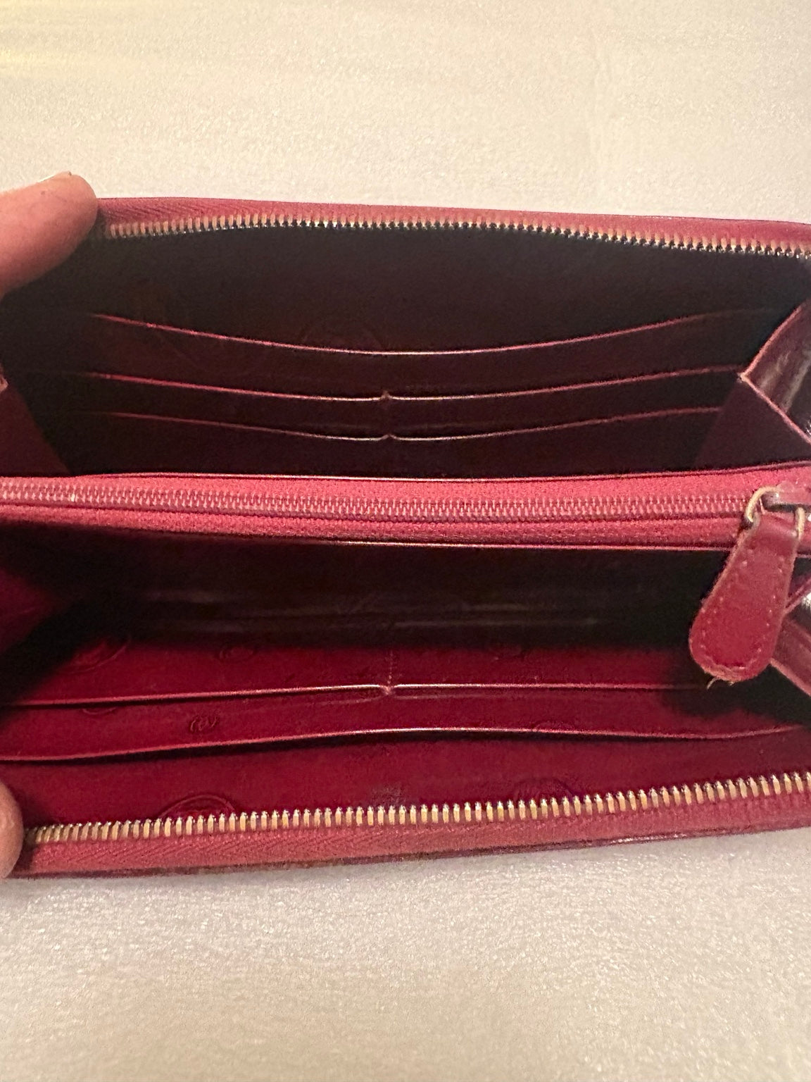 Cartier Happy Birthday Bordeaux Patent Leather Zip Around Wallet | Full Collector Set | Box, Cards, Dust Cloth | Made in France