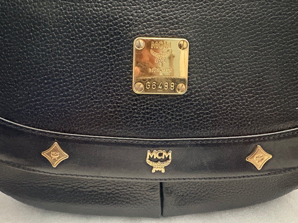 Vintage MCM München Black Pebbled Leather Gold Stud Shoulder Bag G6488