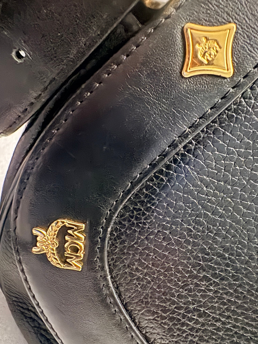 Vintage MCM München Black Pebbled Leather Gold Stud Shoulder Bag G6488
