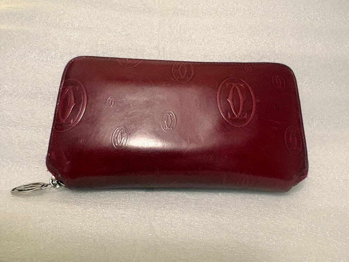 Cartier Happy Birthday Bordeaux Patent Leather Zip Around Wallet | Full Collector Set | Box, Cards, Dust Cloth | Made in France
