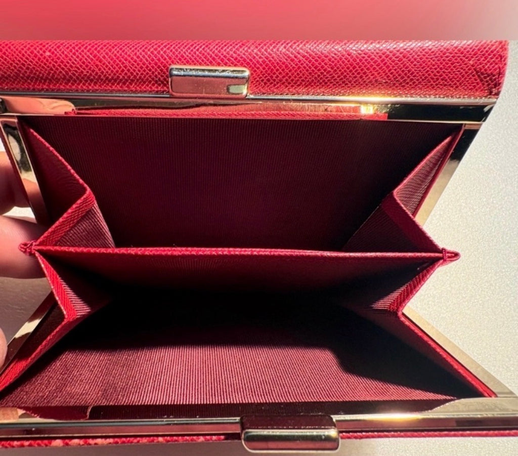 Burberry Red Leather Kiss Lock Wallet Nova Check Lining Rare Colorway Entrupy COA
