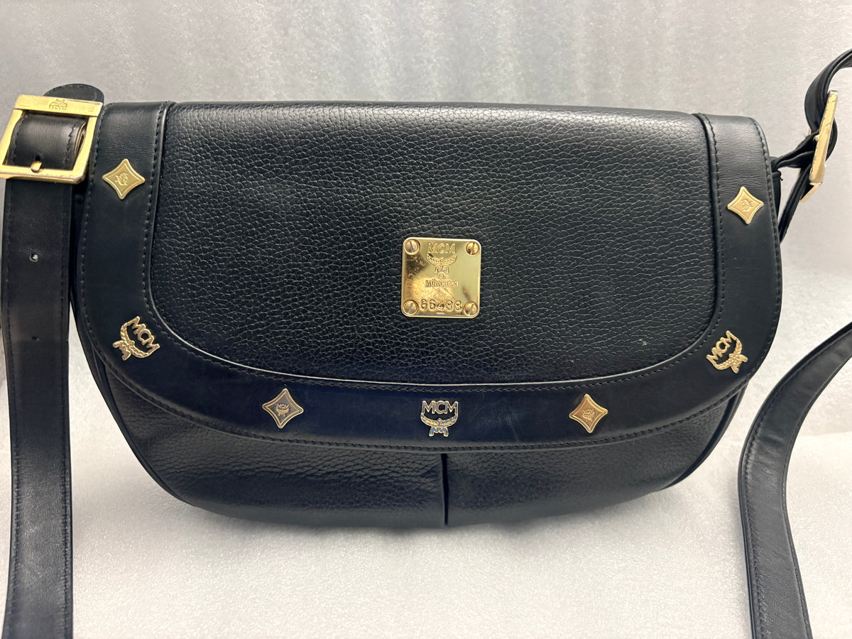 Vintage MCM München Black Pebbled Leather Gold Stud Shoulder Bag G6488