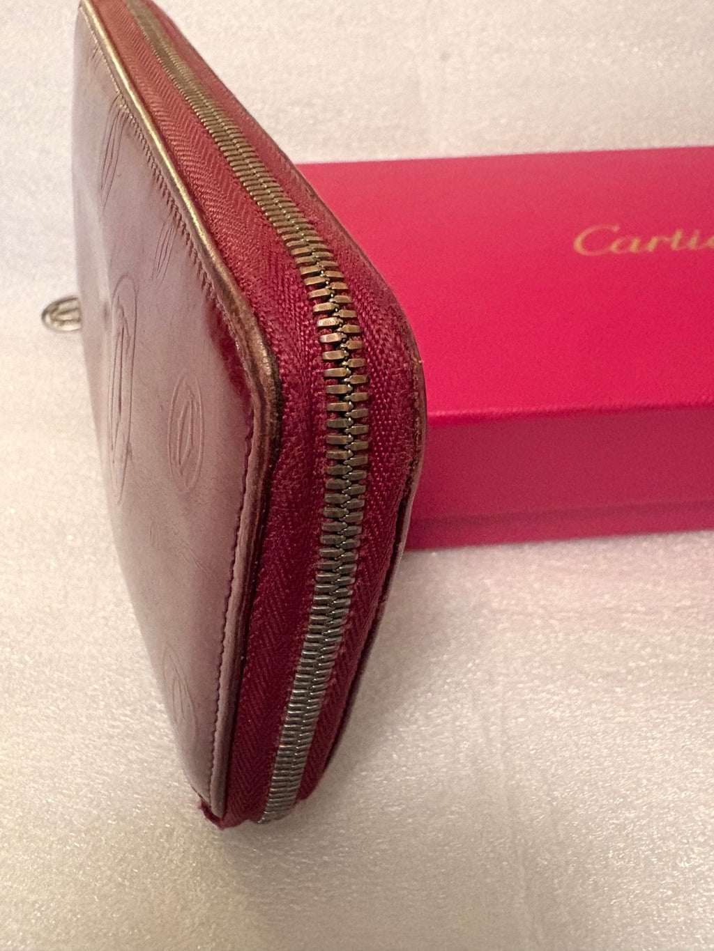 Cartier Happy Birthday Bordeaux Patent Leather Zip Around Wallet | Full Collector Set | Box, Cards, Dust Cloth | Made in France
