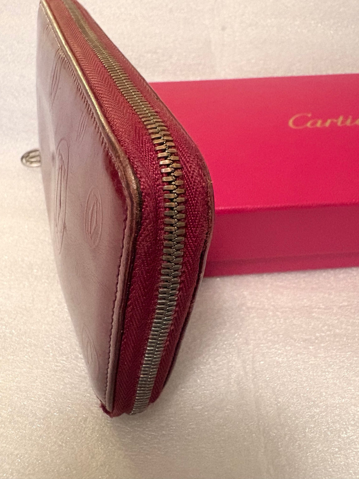 Cartier Happy Birthday Bordeaux Patent Leather Zip Around Wallet | Full Collector Set | Box, Cards, Dust Cloth | Made in France