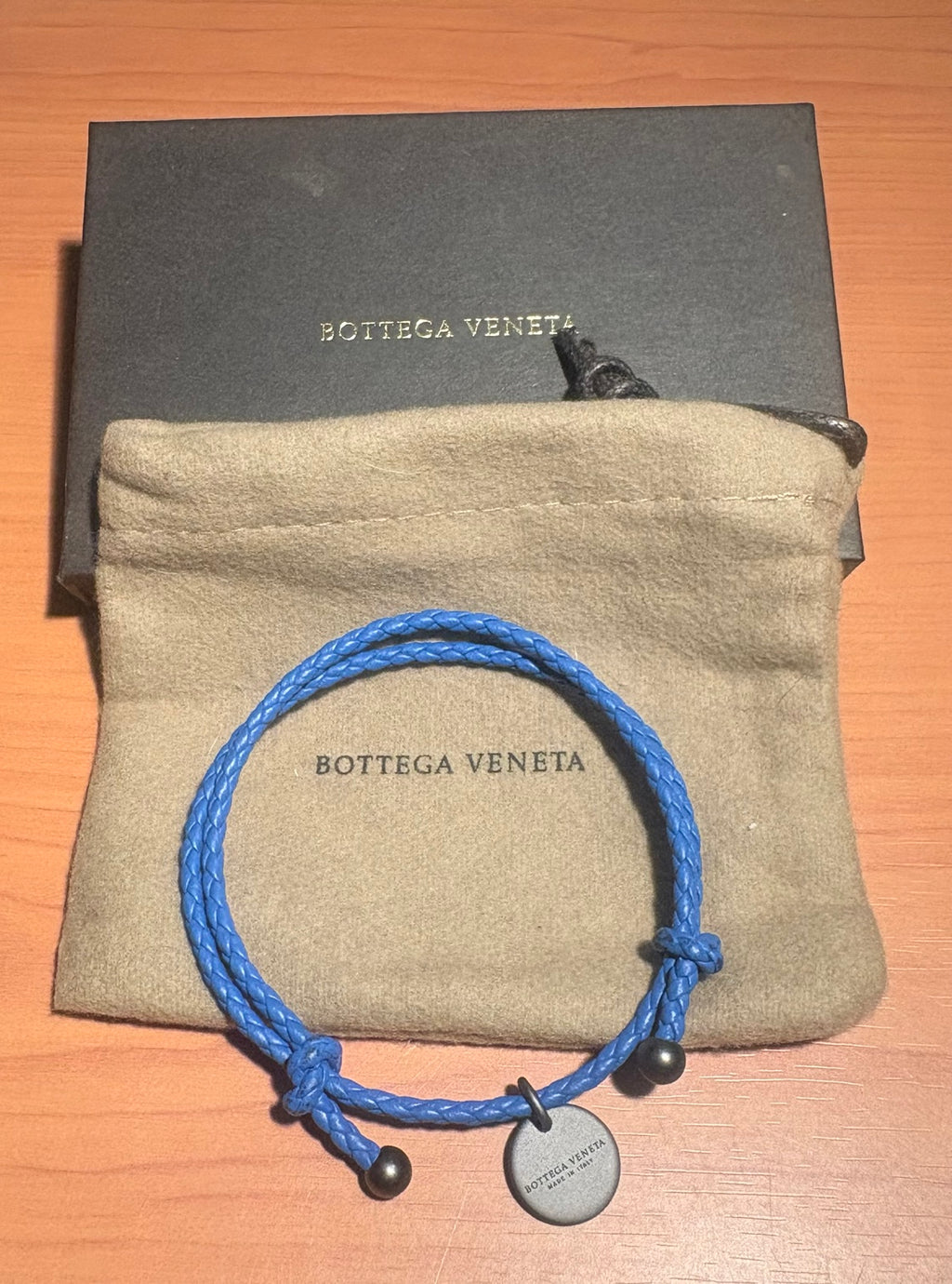 BOTTEGA VENETA Intrecciato Blue Nappa Leather Double Wrap Charm Bracelet Box Pouch