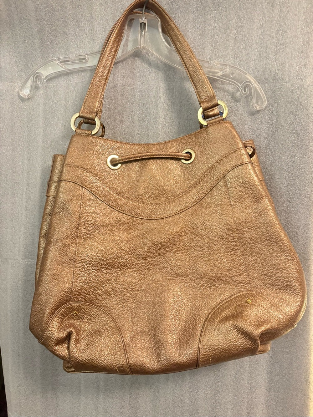 RARE Authentic MCM Metallic Bronze Pebbled Leather Drawstring Bag G0327. Korean. | listing photo 2