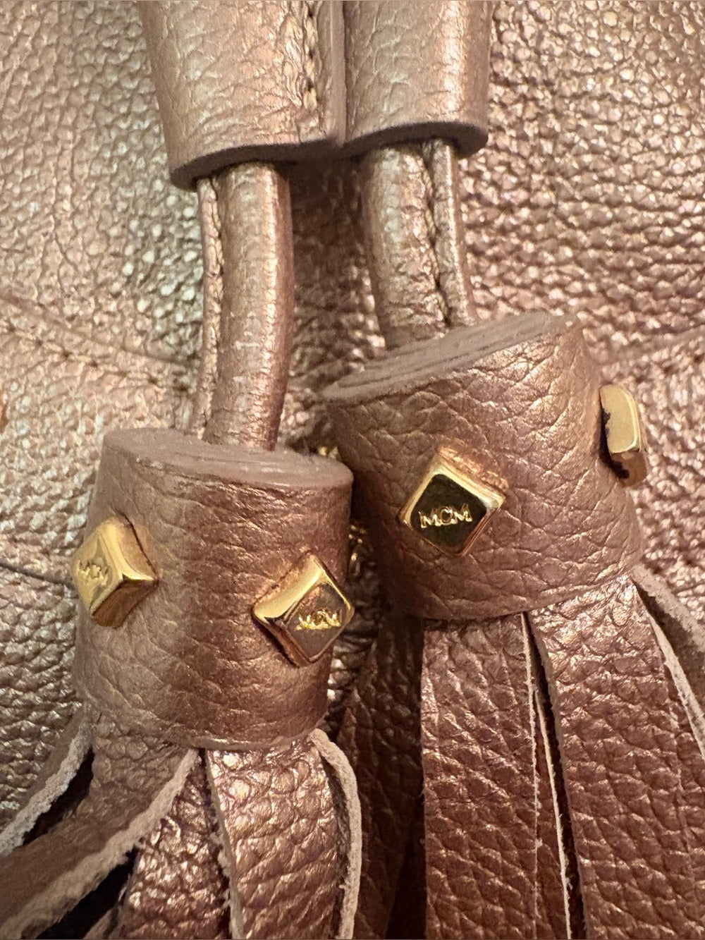 RARE Authentic MCM Metallic Bronze Pebbled Leather Drawstring Bag G0327. Korean. | listing photo 10