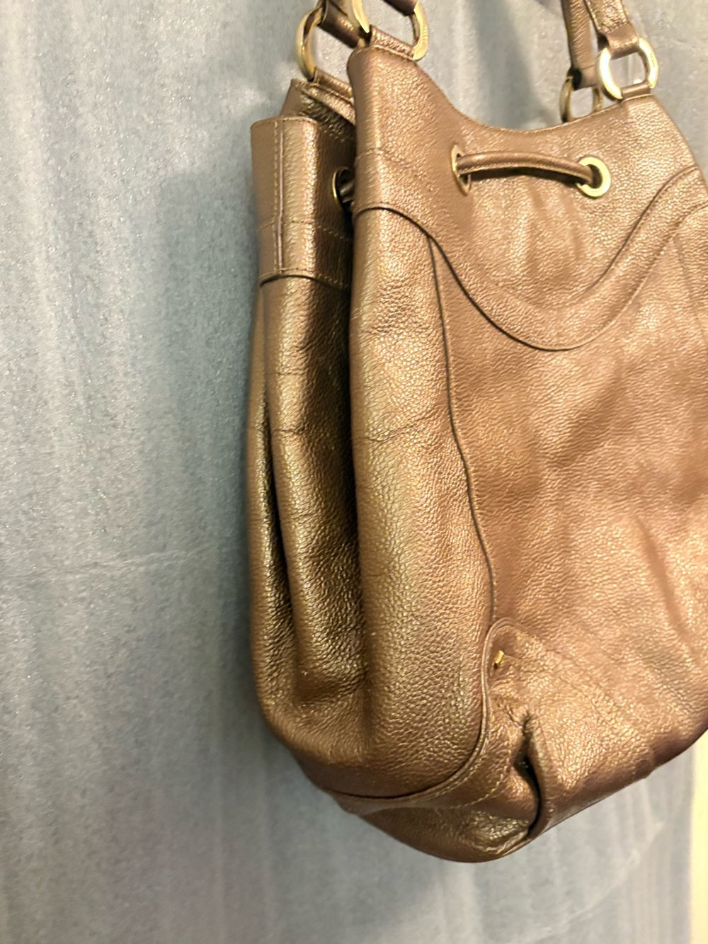 RARE Authentic MCM Metallic Bronze Pebbled Leather Drawstring Bag G0327. Korean. | listing photo 11
