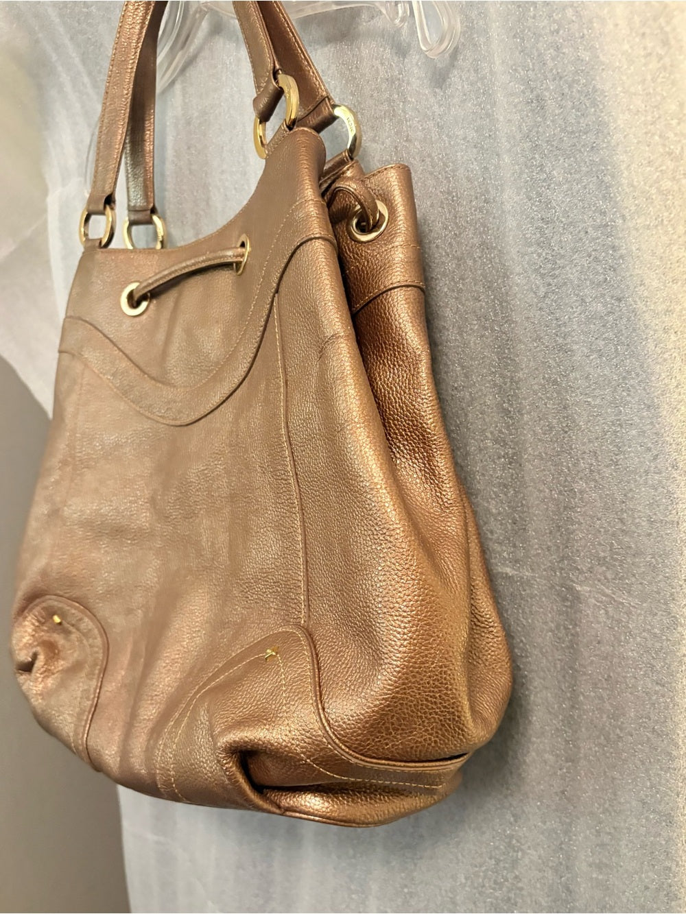 RARE Authentic MCM Metallic Bronze Pebbled Leather Drawstring Bag G0327. Korean. | listing photo 12