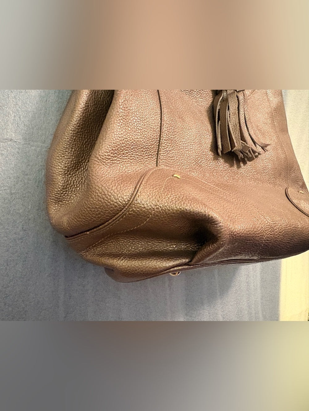 RARE Authentic MCM Metallic Bronze Pebbled Leather Drawstring Bag G0327. Korean. | listing photo 13