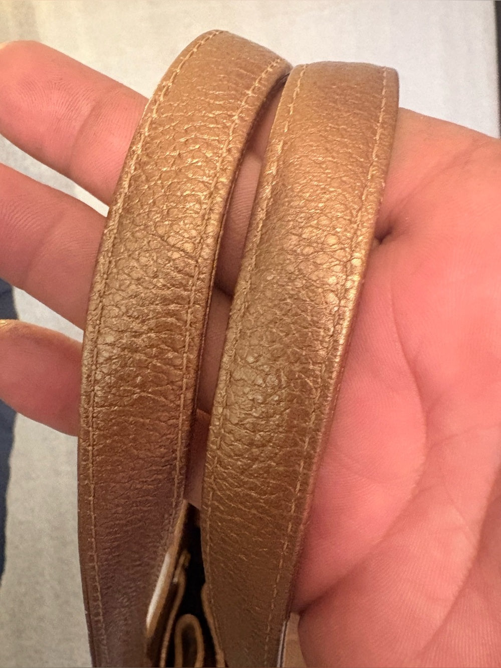 RARE Authentic MCM Metallic Bronze Pebbled Leather Drawstring Bag G0327. Korean. | listing photo 9
