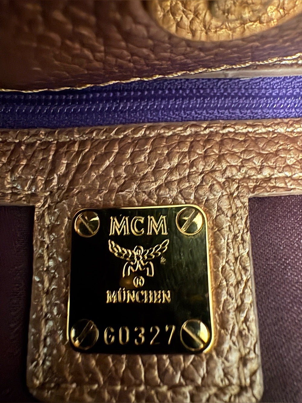 RARE Authentic MCM Metallic Bronze Pebbled Leather Drawstring Bag G0327. Korean. | listing photo 16
