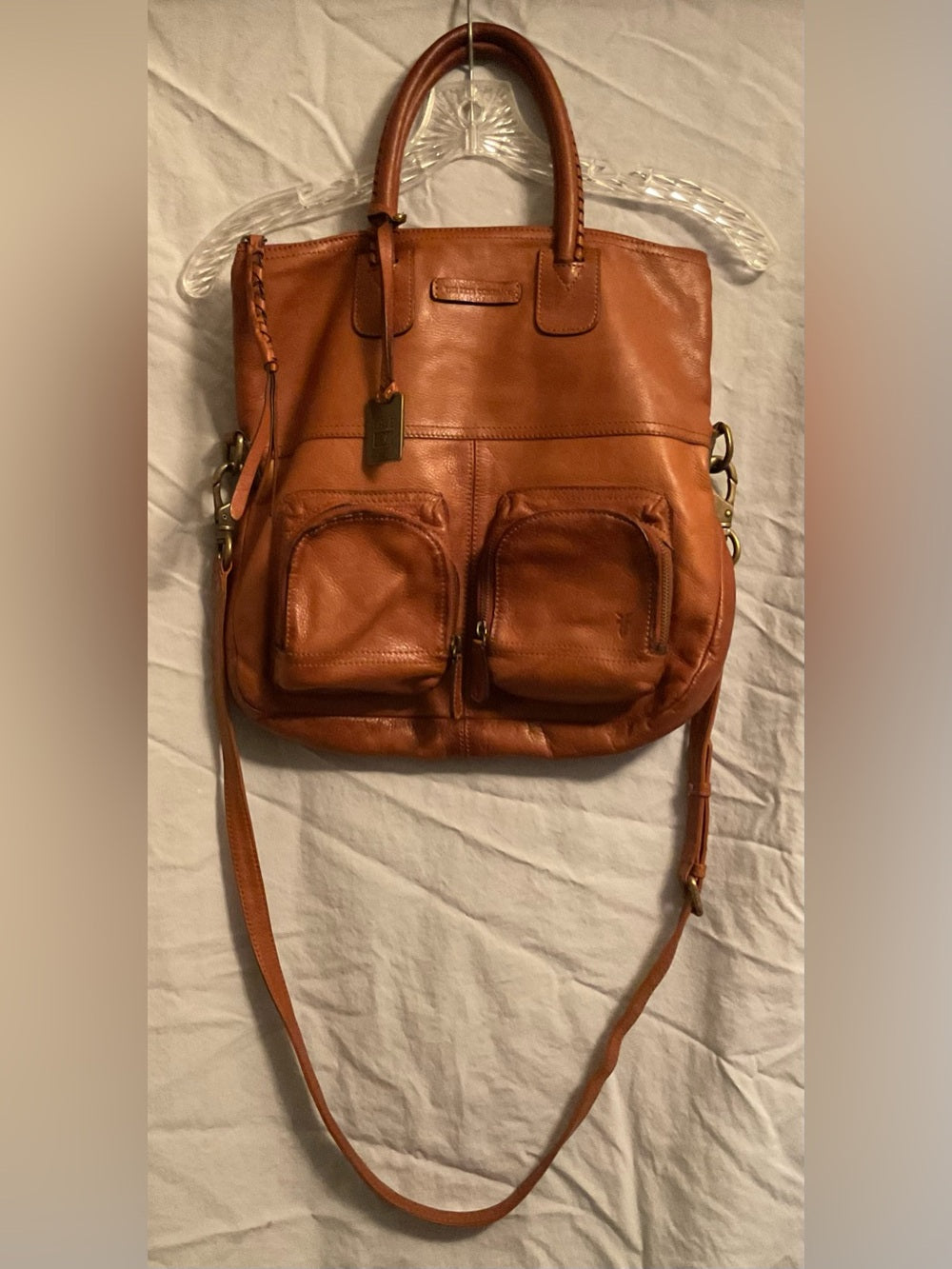 FRYE Melissa Cargo Tote XXL Cognac Italian Leather Crossbody Whipstitch Hang Tag | listing photo 2