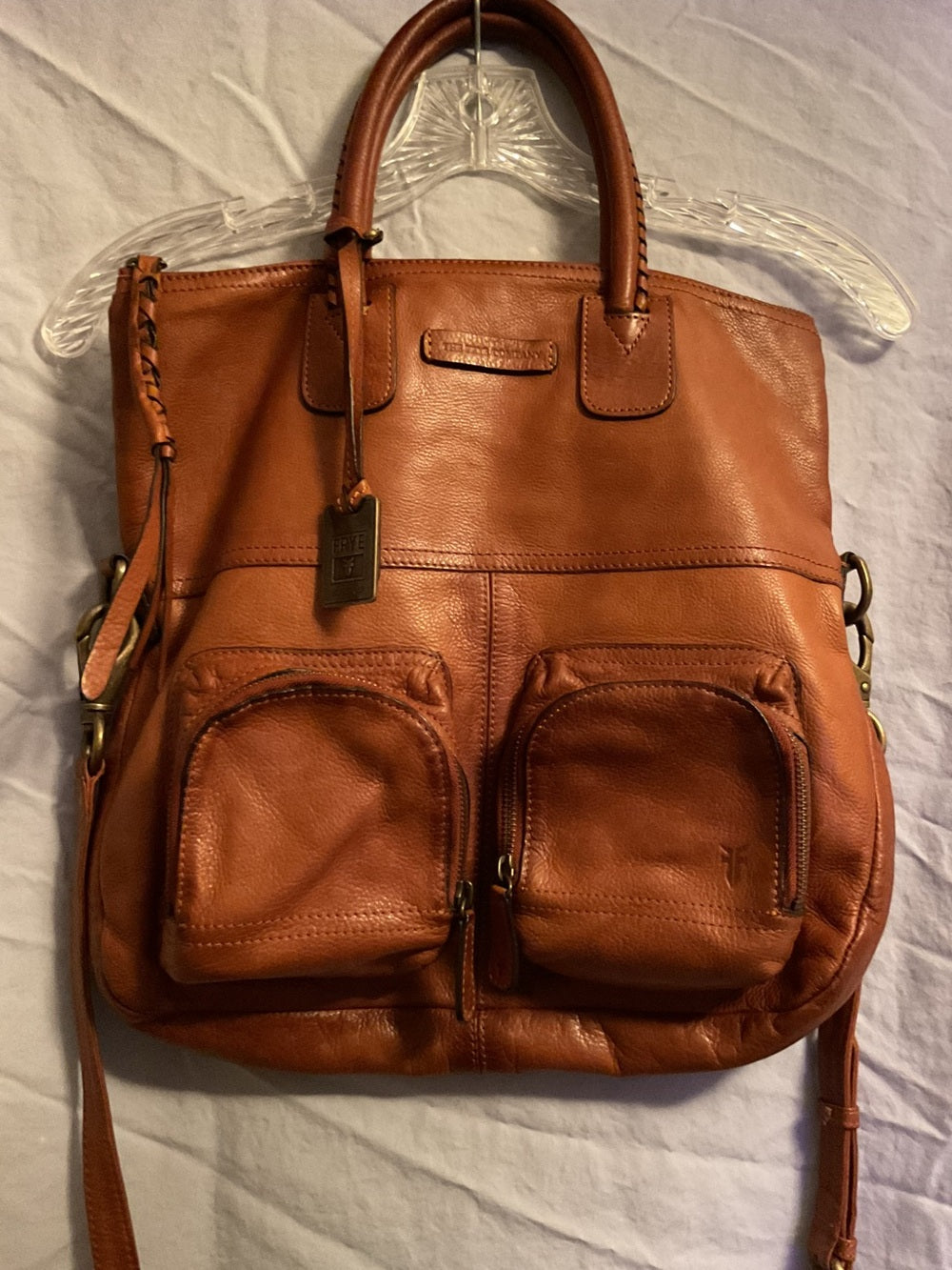 FRYE Melissa Cargo Tote XXL Cognac Italian Leather Crossbody Whipstitch Hang Tag | listing photo 3
