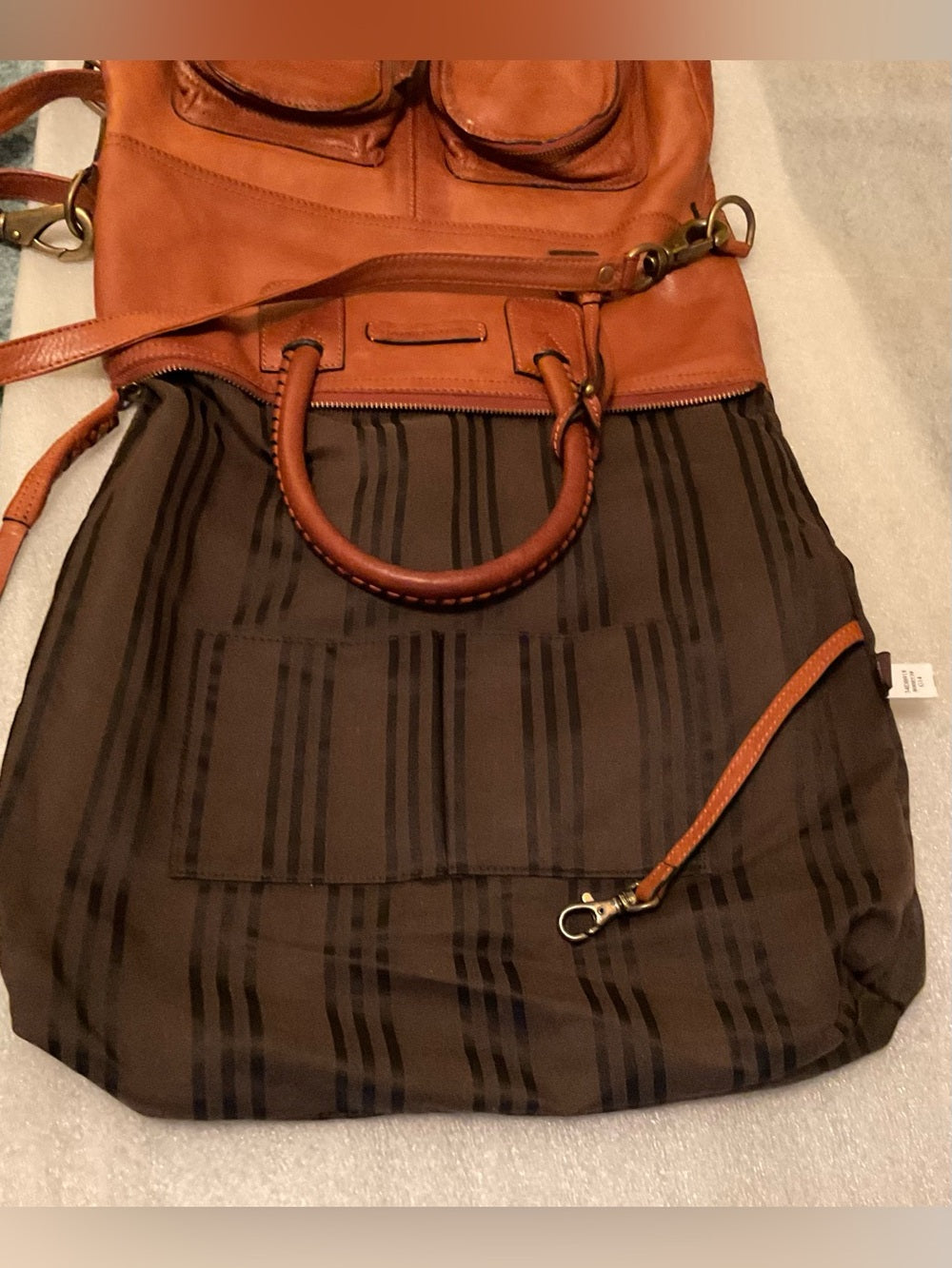 FRYE Melissa Cargo Tote XXL Cognac Italian Leather Crossbody Whipstitch Hang Tag | listing photo 11
