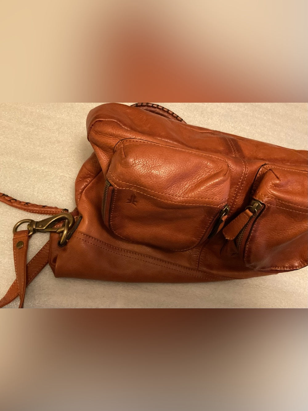FRYE Melissa Cargo Tote XXL Cognac Italian Leather Crossbody Whipstitch Hang Tag | listing photo 15