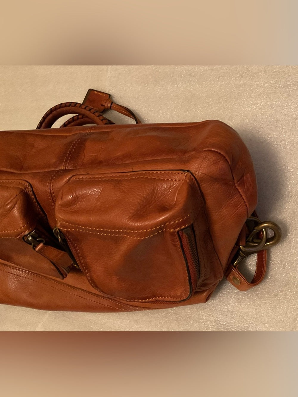 FRYE Melissa Cargo Tote XXL Cognac Italian Leather Crossbody Whipstitch Hang Tag | listing photo 16
