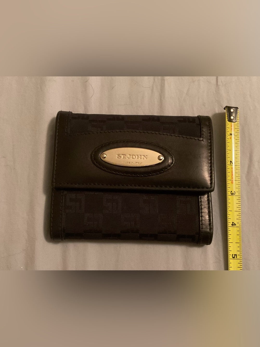 VINTAGE ST. JOHN Made in Italy Black Monogram Leather Oversized Wallet Gold Hard | listing photo 1