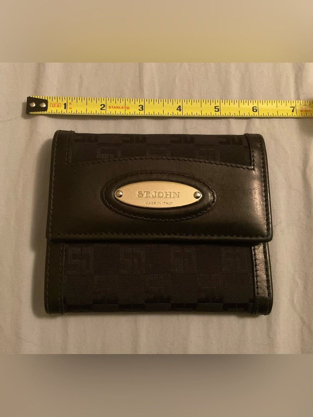 VINTAGE ST. JOHN Made in Italy Black Monogram Leather Oversized Wallet Gold Hard | listing photo 2