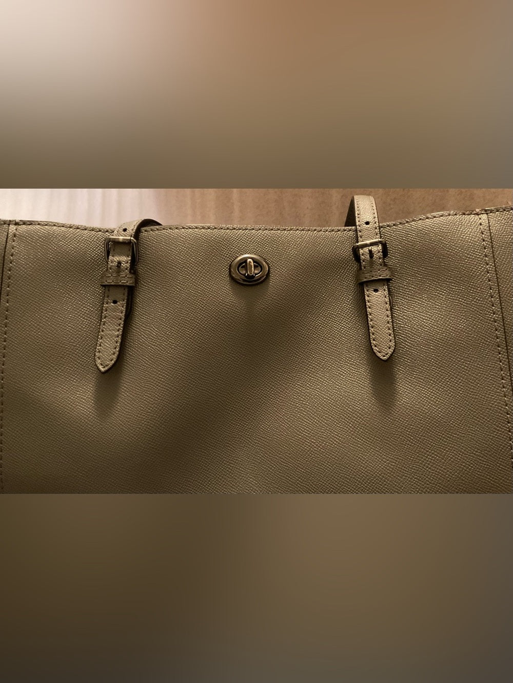 Coach Large Turnlock Tote Taupe Greige Leather XL Shoulder Bag Silver Hardware | listing photo 2